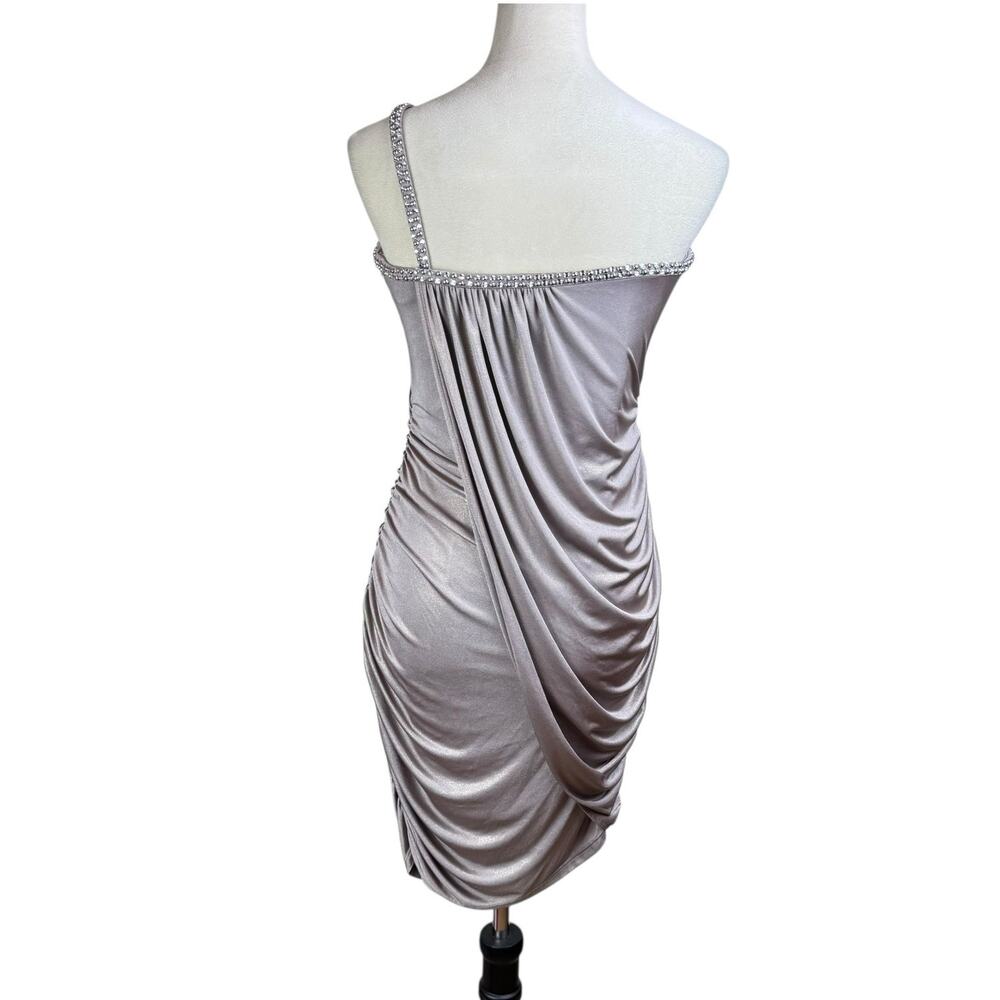 Laundry by Shelli Segal Metallic Taupe Rhinestone One Shoulder Ruched Mini Dress - Picture 3 of 11